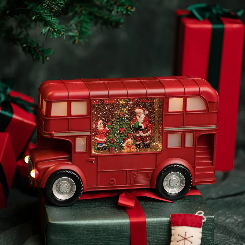 Santa Double Decker Bus Snow Lantern With LED Light