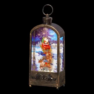 Santa In Sleigh Flying Over Snowy Village With Reindeer Water Spinner