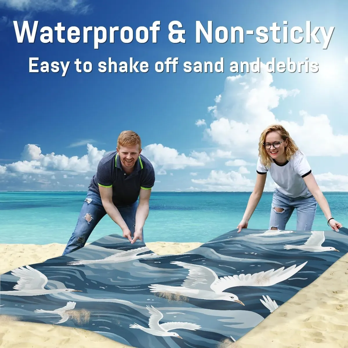 Seagull Sea Bird Beach Blanket, Sandproof Beach Mat, 68 x 59 Waterproof Quick Drying Sand Free Mat with 4 x Ground Spikes for Outdoor Travel Camping Hiking, Flying Seagulls