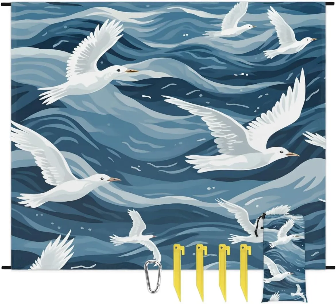 Seagull Sea Bird Beach Blanket, Sandproof Beach Mat, 68 x 59 Waterproof Quick Drying Sand Free Mat with 4 x Ground Spikes for Outdoor Travel Camping Hiking, Flying Seagulls