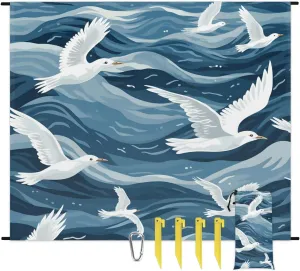 Seagull Sea Bird Beach Blanket, Sandproof Beach Mat, 68 x 59 Waterproof Quick Drying Sand Free Mat with 4 x Ground Spikes for Outdoor Travel Camping Hiking, Flying Seagulls