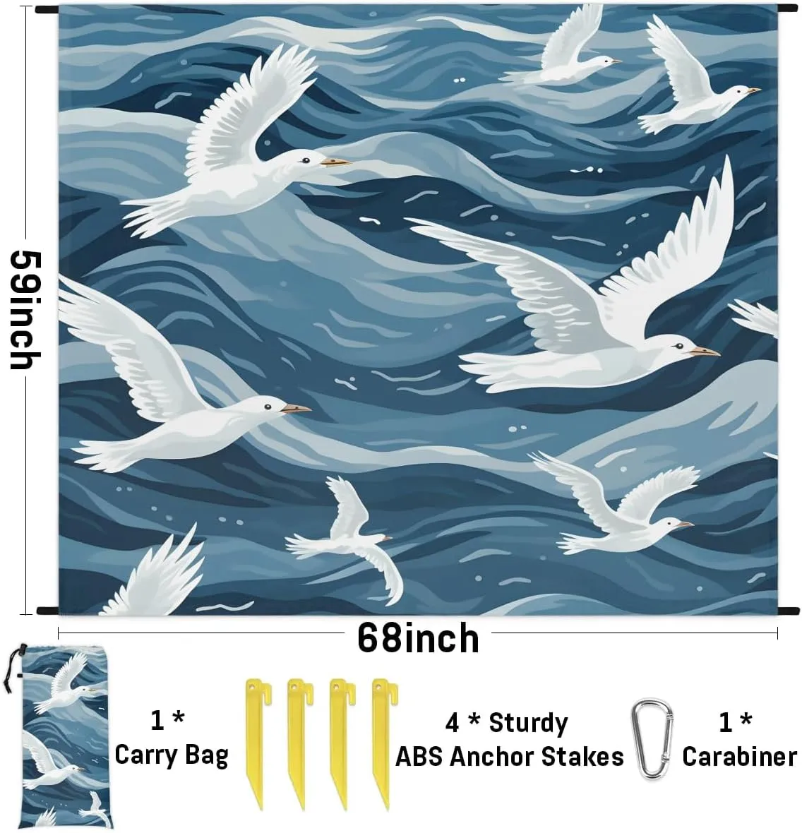 Seagull Sea Bird Beach Blanket, Sandproof Beach Mat, 68 x 59 Waterproof Quick Drying Sand Free Mat with 4 x Ground Spikes for Outdoor Travel Camping Hiking, Flying Seagulls