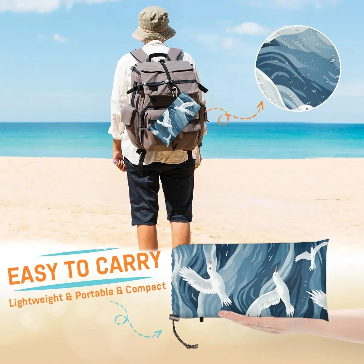 Seagull Sea Bird Beach Blanket, Sandproof Beach Mat, 68 x 59 Waterproof Quick Drying Sand Free Mat with 4 x Ground Spikes for Outdoor Travel Camping Hiking, Flying Seagulls