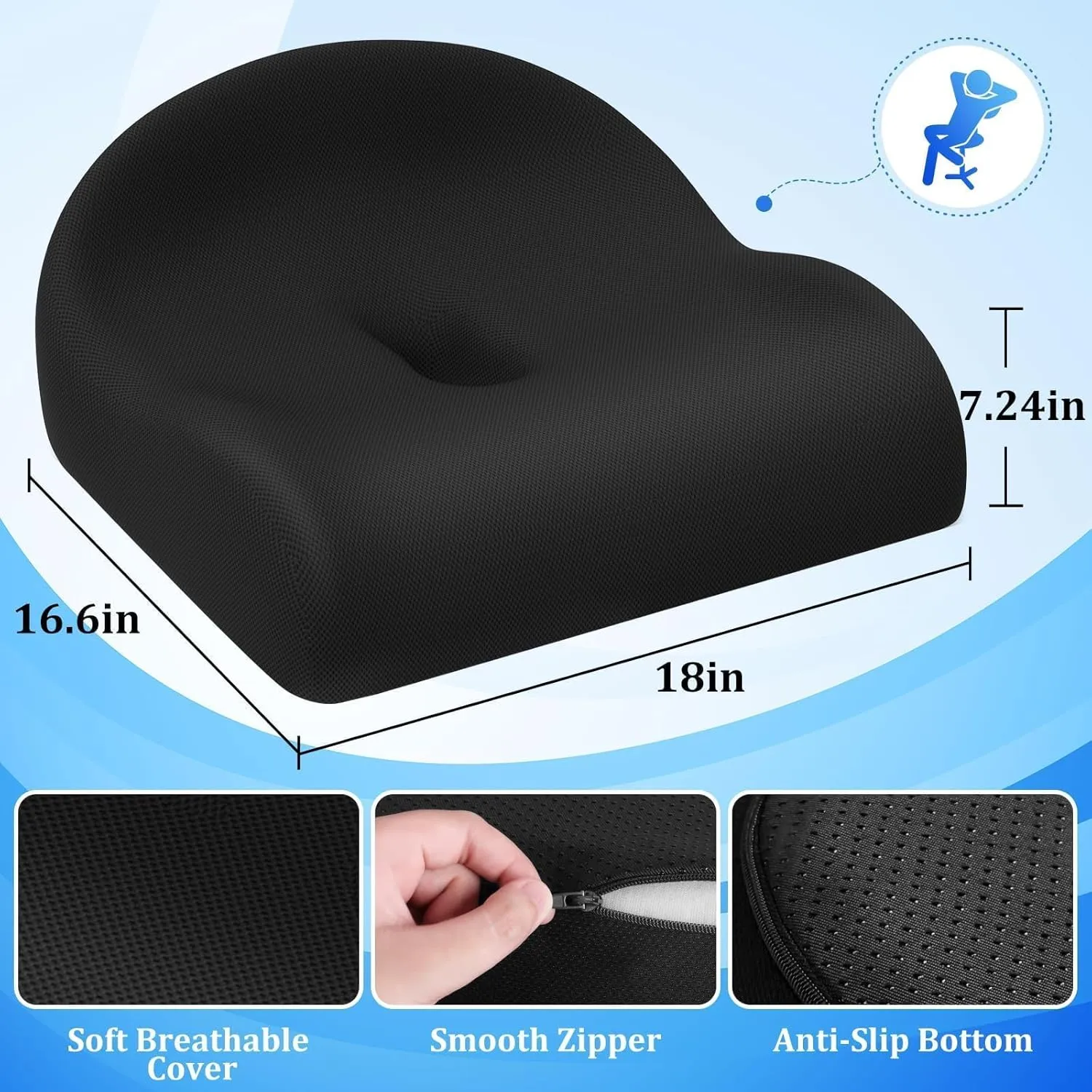 Seat Cushion Office Chair Cushion for Back & Tailbone & Sciatica Pain Relief, Black Memory Foam Desk Chair Cushion Pressure Relief Seat for Long Sitting Car Drivers, Office Worker
