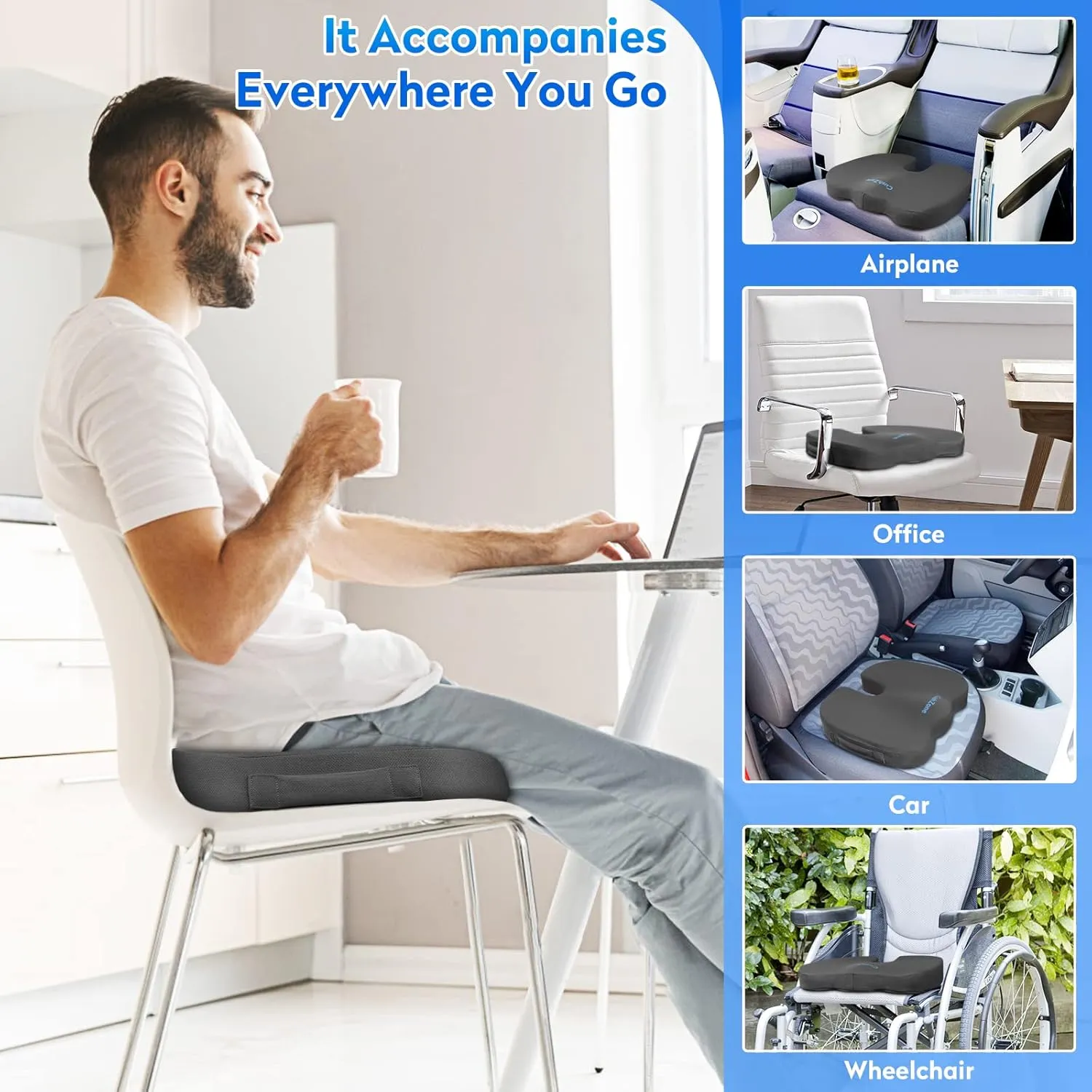 Seat Cushion, Office Chair Cushions, Car Seat Cushion, Non-Slip Sciatica & Back Coccyx Tailbone Pain Relief Chair Pad, Memory Foam Butt Pillow for Computer Desk, Wheelchair, Driving (Grey)