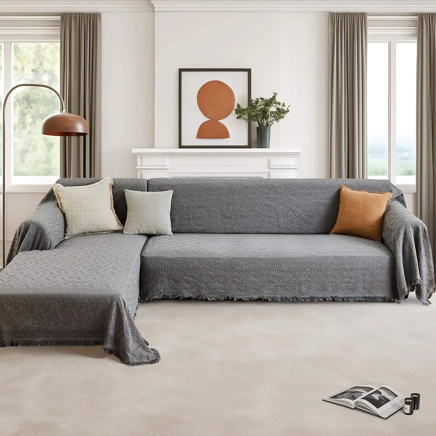 Sectional Couch Covers for Sectional Sofa L Shaped Sofa Cover Blanket 2 Pieces L Shape Furniture Protector for Pets Dogs (Dark Grey, XX-Large)