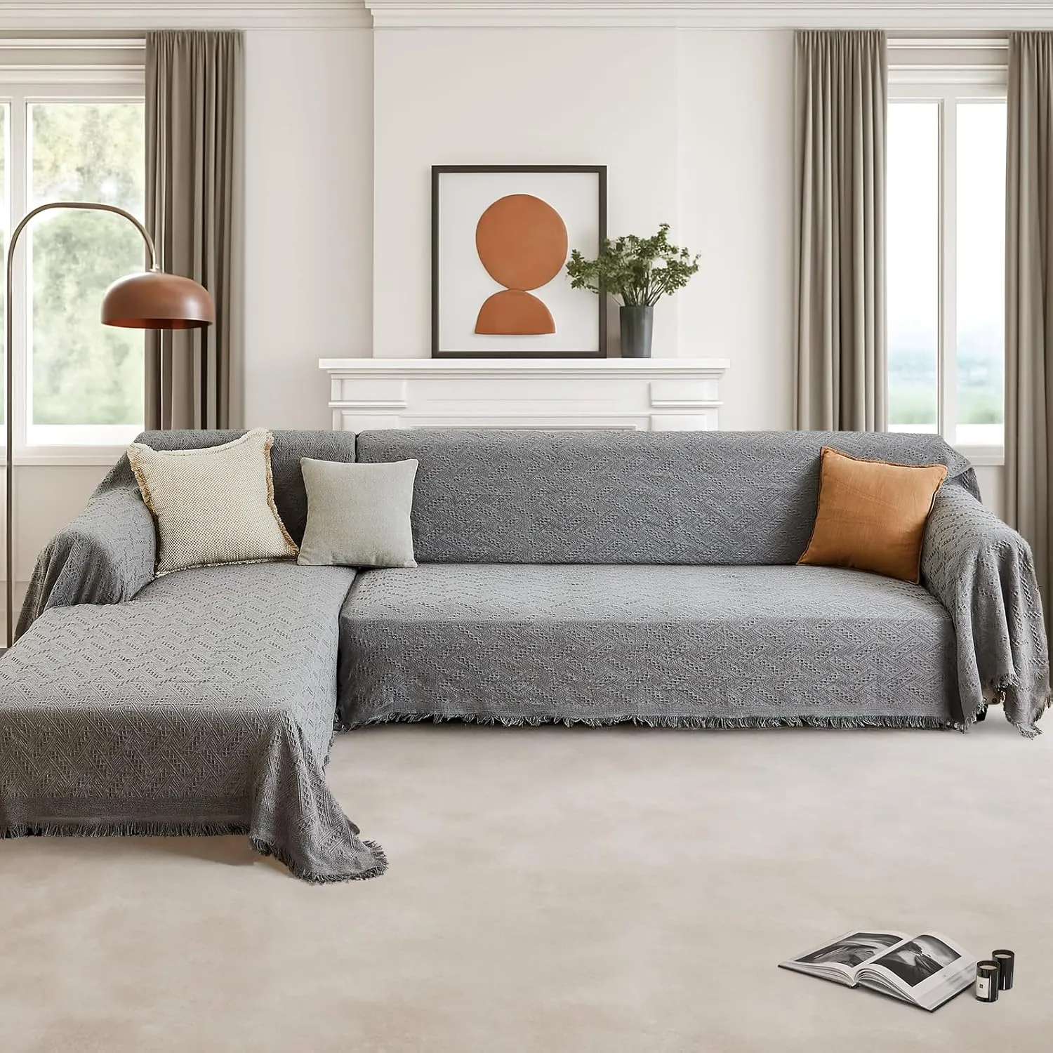 Sectional Couch Covers for Sectional Sofa L Shaped Sofa Cover Blanket 2 Pieces L Shape Furniture Protector for Pets Dogs (Light Grey, XX-Large)
