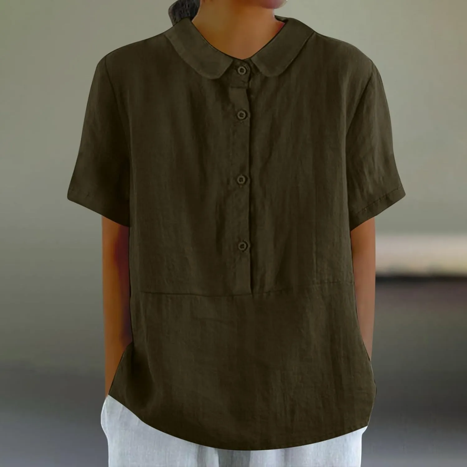 Short Sleeve Linen Shirts for Women Eyelet Summer Tops Casual Loose Blouses Gauze T-Shirts Collar Neck Basic Tee