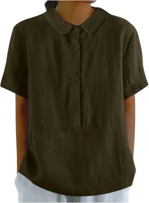 Short Sleeve Linen Shirts for Women Eyelet Summer Tops Casual Loose Blouses Gauze T-Shirts Collar Neck Basic Tee