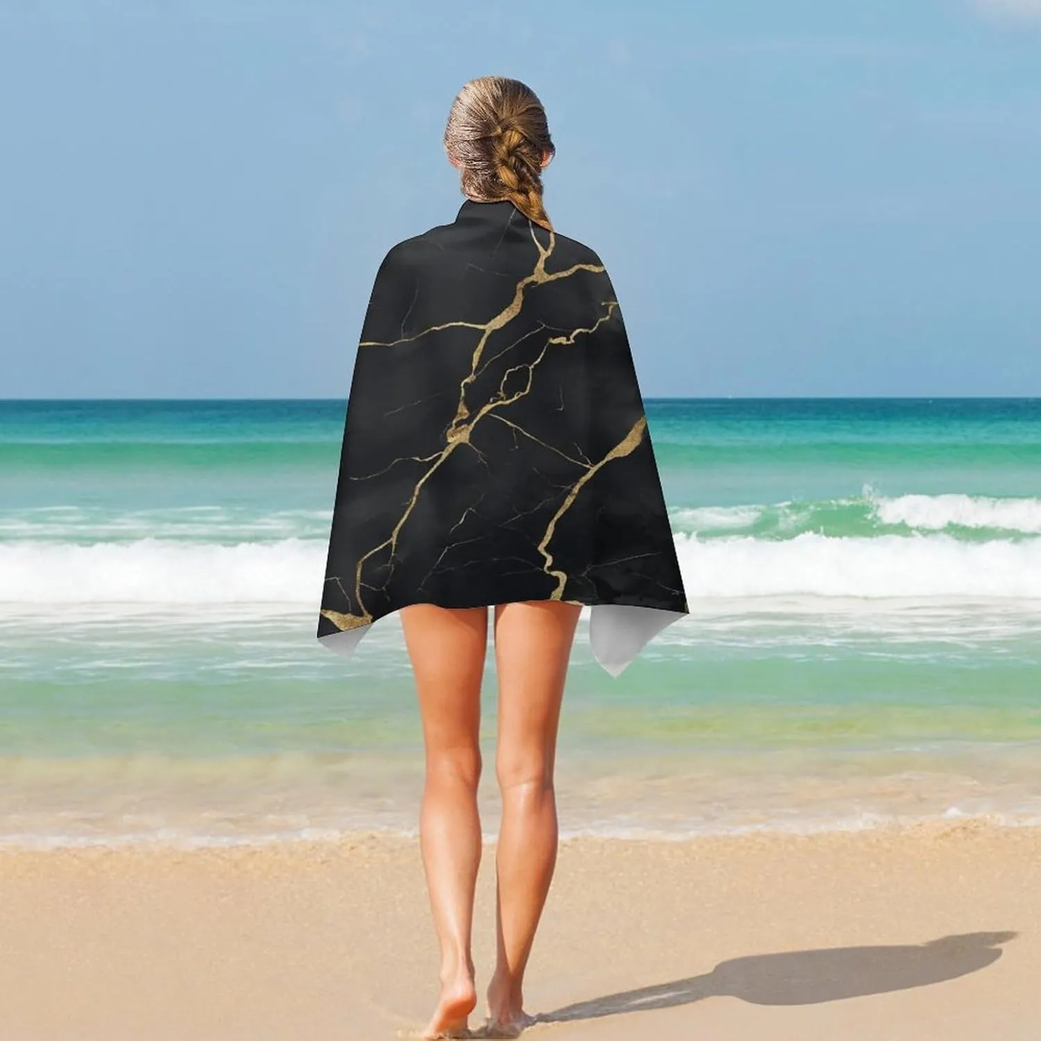 Simple Black and Gold Marble Pattern Beach Towel Sand Free Luxurious Abstract Microfiber Large Shower Towels Multipurpose Absorbent for Bathroom Pool 52x32 Inch