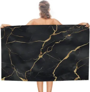Simple Black and Gold Marble Pattern Beach Towel Sand Free Luxurious Abstract Microfiber Large Shower Towels Multipurpose Absorbent for Bathroom Pool 52x32 Inch