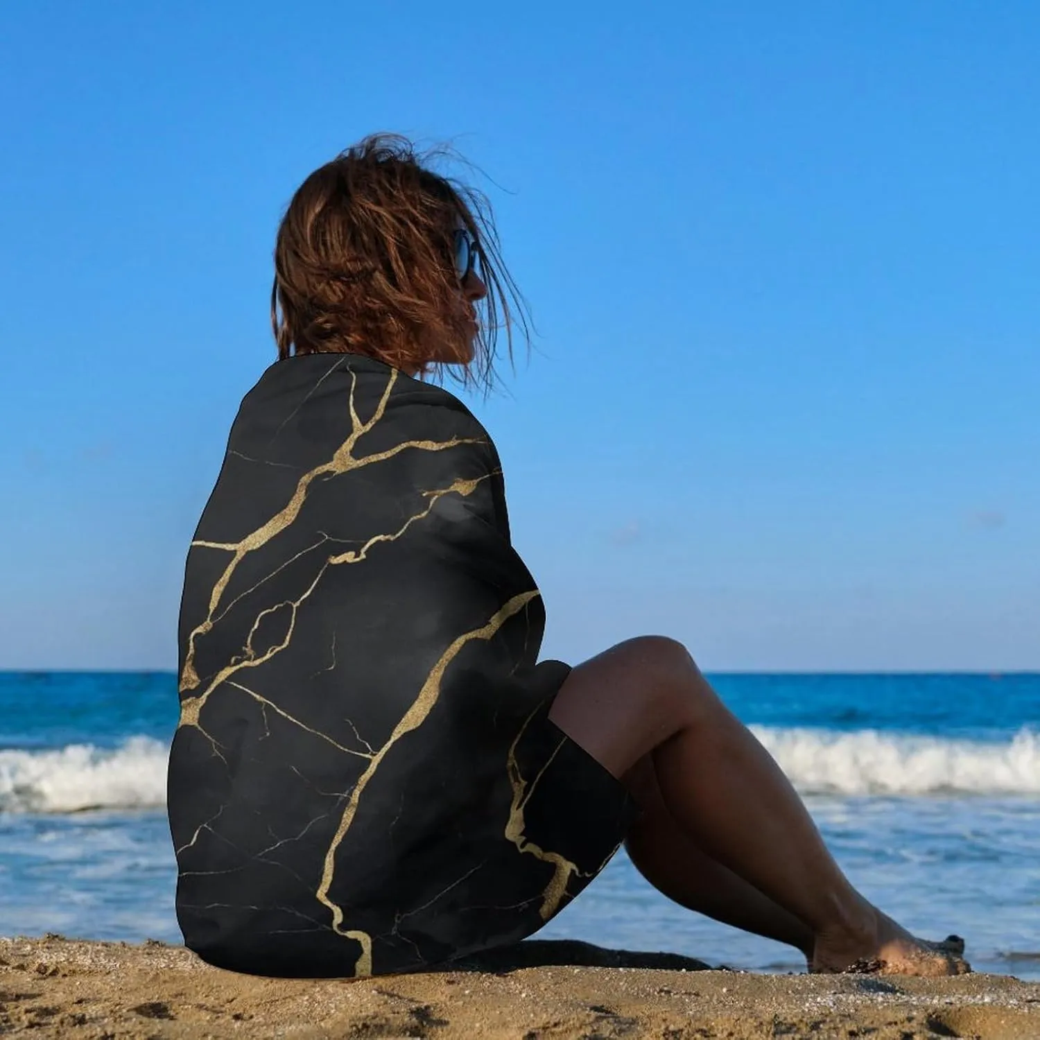 Simple Black and Gold Marble Pattern Beach Towel Sand Free Luxurious Abstract Microfiber Large Shower Towels Multipurpose Absorbent for Bathroom Pool 52x32 Inch
