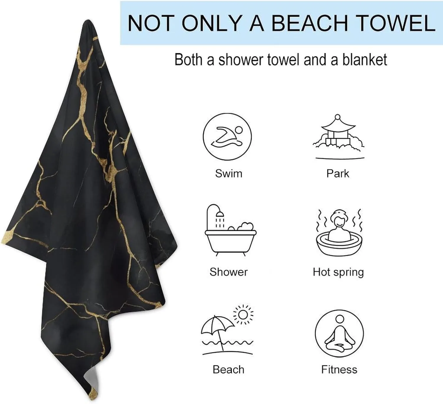 Simple Black and Gold Marble Pattern Beach Towel Sand Free Luxurious Abstract Microfiber Large Shower Towels Multipurpose Absorbent for Bathroom Pool 52x32 Inch