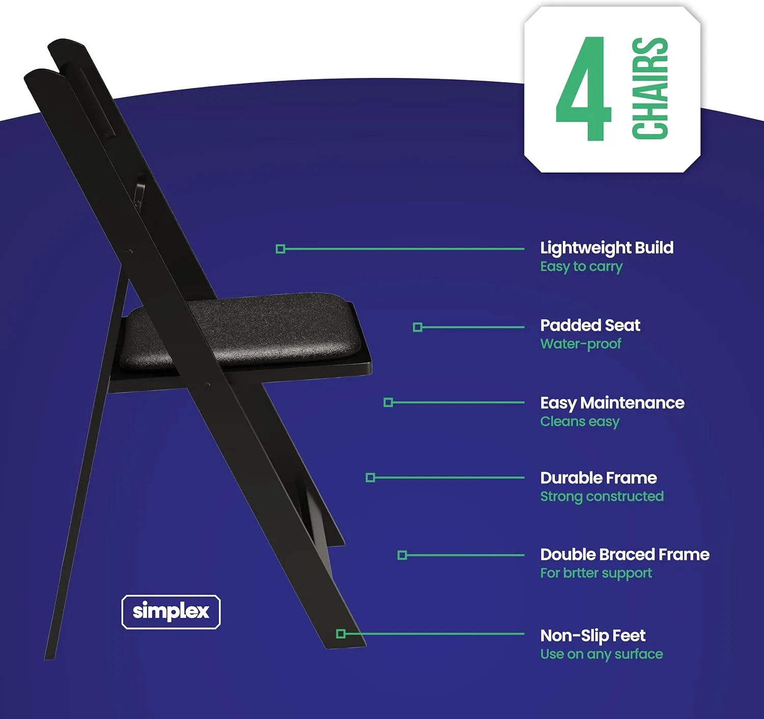 SIMPLEX 4 Black Resin Stackable Folding Chair - Comfortable Black Foldable Chair - Folding Chairs with Padded Seats - Indoor/Outdoor Folding Chairs for Events - Lightweight Foldable Chairs (4 Pack)