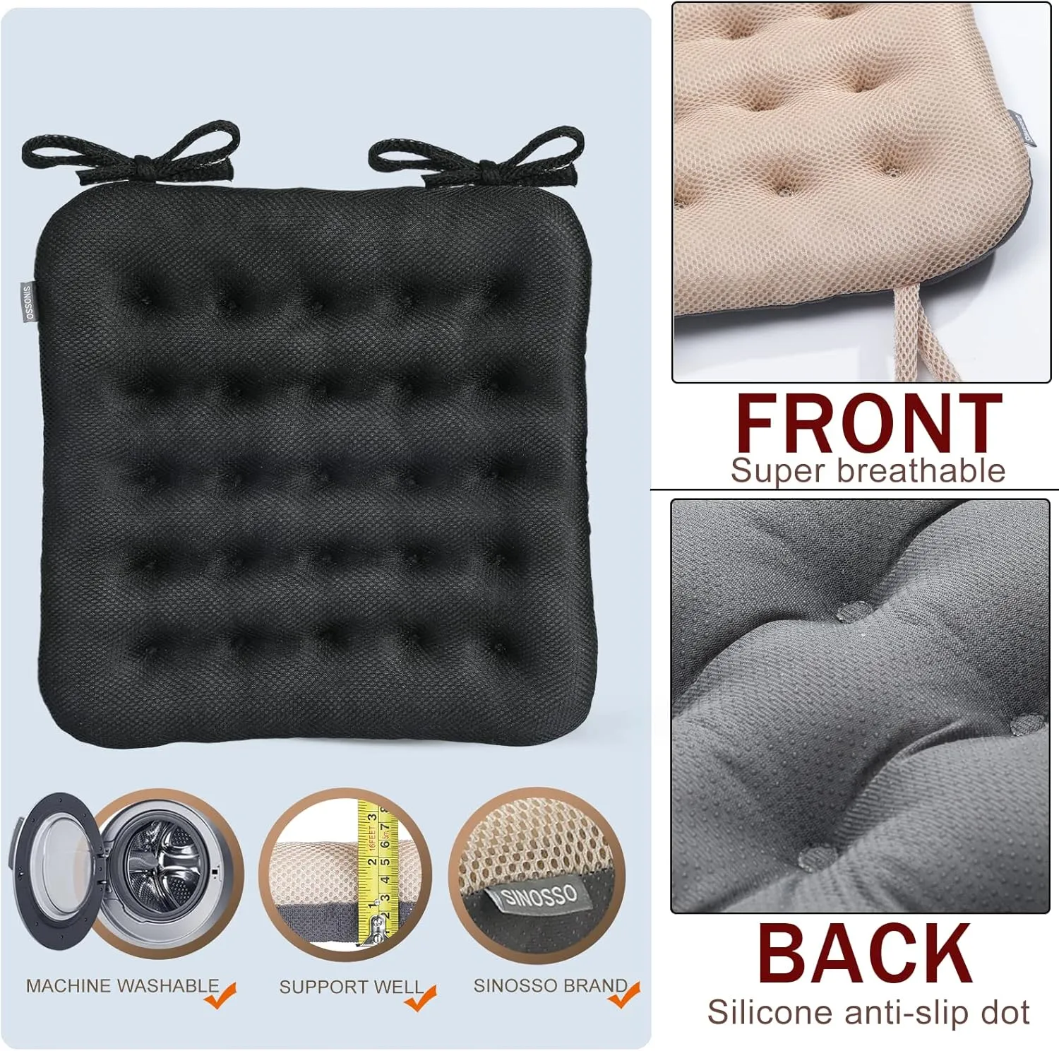 SINOSSO Excellent Support Effect Office Chair Cushion 1 Pack, Luxury Air Mesh Breathable Non-Slip Desk Computer Seat Cushion, Kitchen Dining Room Square Chair Pad (1 Count, Black)