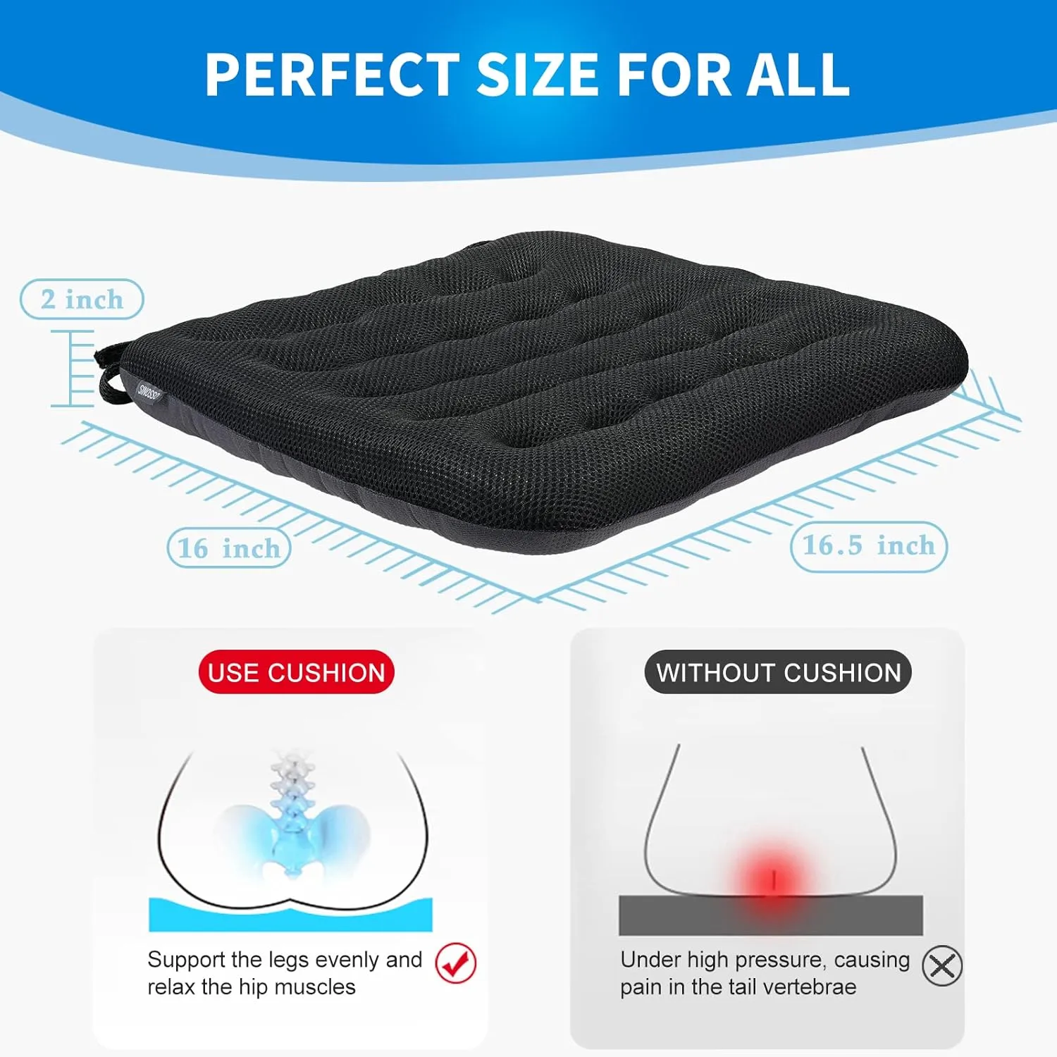 SINOSSO Excellent Support Effect Office Chair Cushion 1 Pack, Luxury Air Mesh Breathable Non-Slip Desk Computer Seat Cushion, Kitchen Dining Room Square Chair Pad (1 Count, Black)