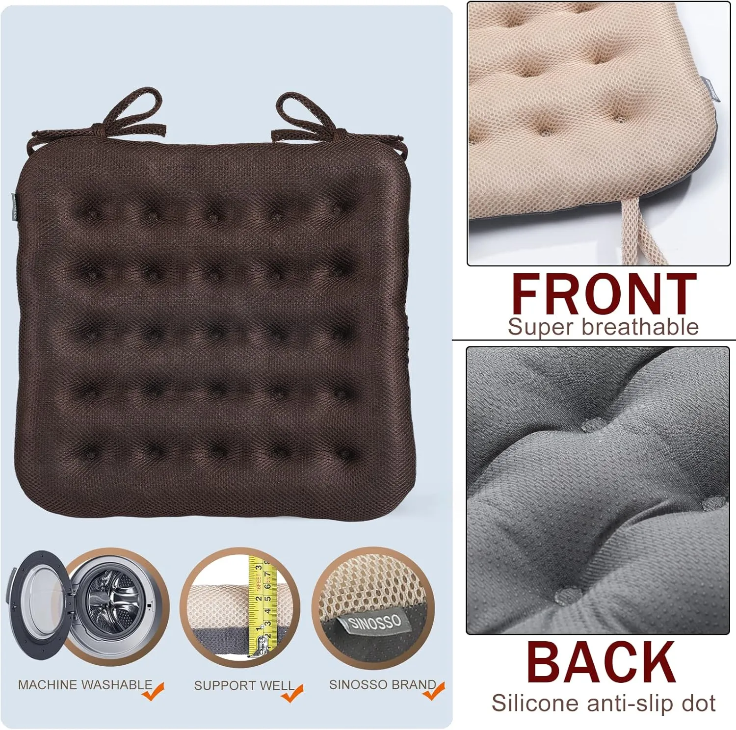 SINOSSO Excellent Support Effect Office Chair Cushion 1 Pack, Luxury Air Mesh Breathable Non-Slip Desk Computer Seat Cushion, Kitchen Dining Room Square Chair Pad (1 Count, Brown)