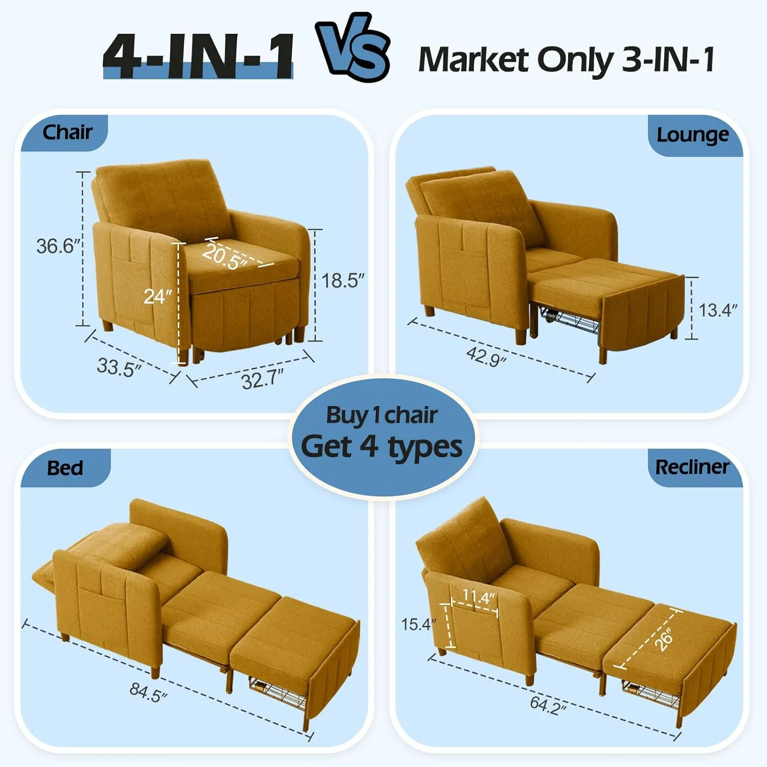 Sleeper Chair 84" Extra Long Convertible Chair Bed Upgraded 3-in-1 to 4-in-1 Pull Out Chair & Single Sofa Bed for Adult Sleeping Chair for Living Room & Small Space