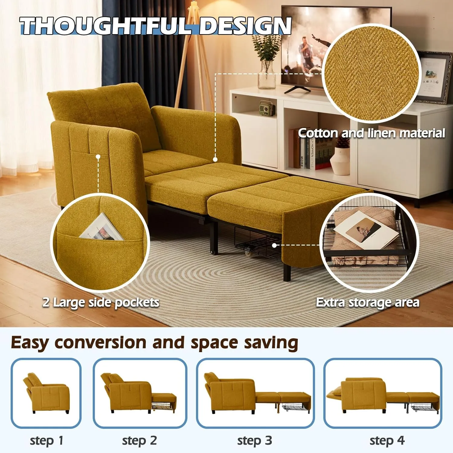 Sleeper Chair 84" Extra Long Convertible Chair Bed Upgraded 3-in-1 to 4-in-1 Pull Out Chair & Single Sofa Bed for Adult Sleeping Chair for Living Room & Small Space
