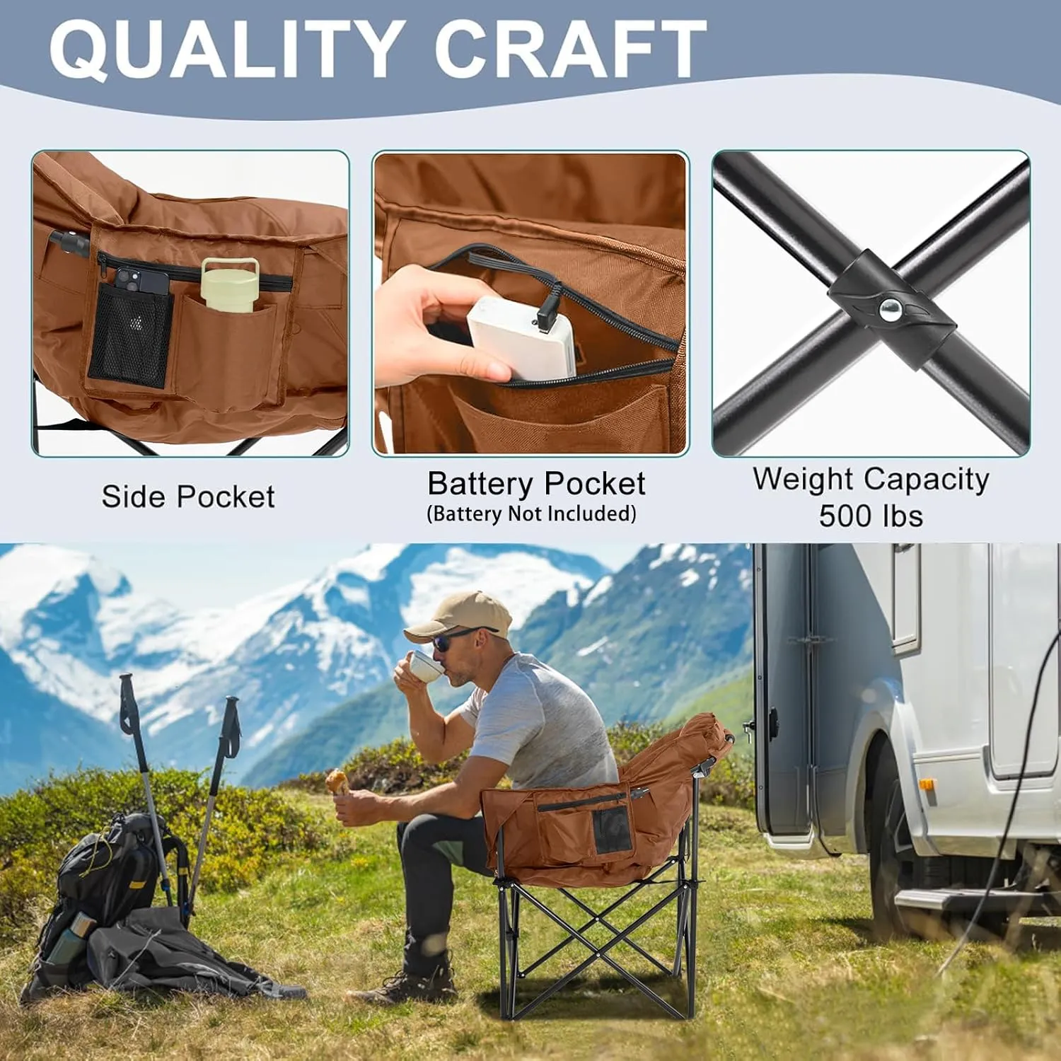 Slsy Heated Camping Chair with Headrest Pad, Oversized Heated Chair Outdoor Sports, Heated Camp Chair Seat Supports 500 lbs, Heating Folding Chair for Camping, Patio, Picnic