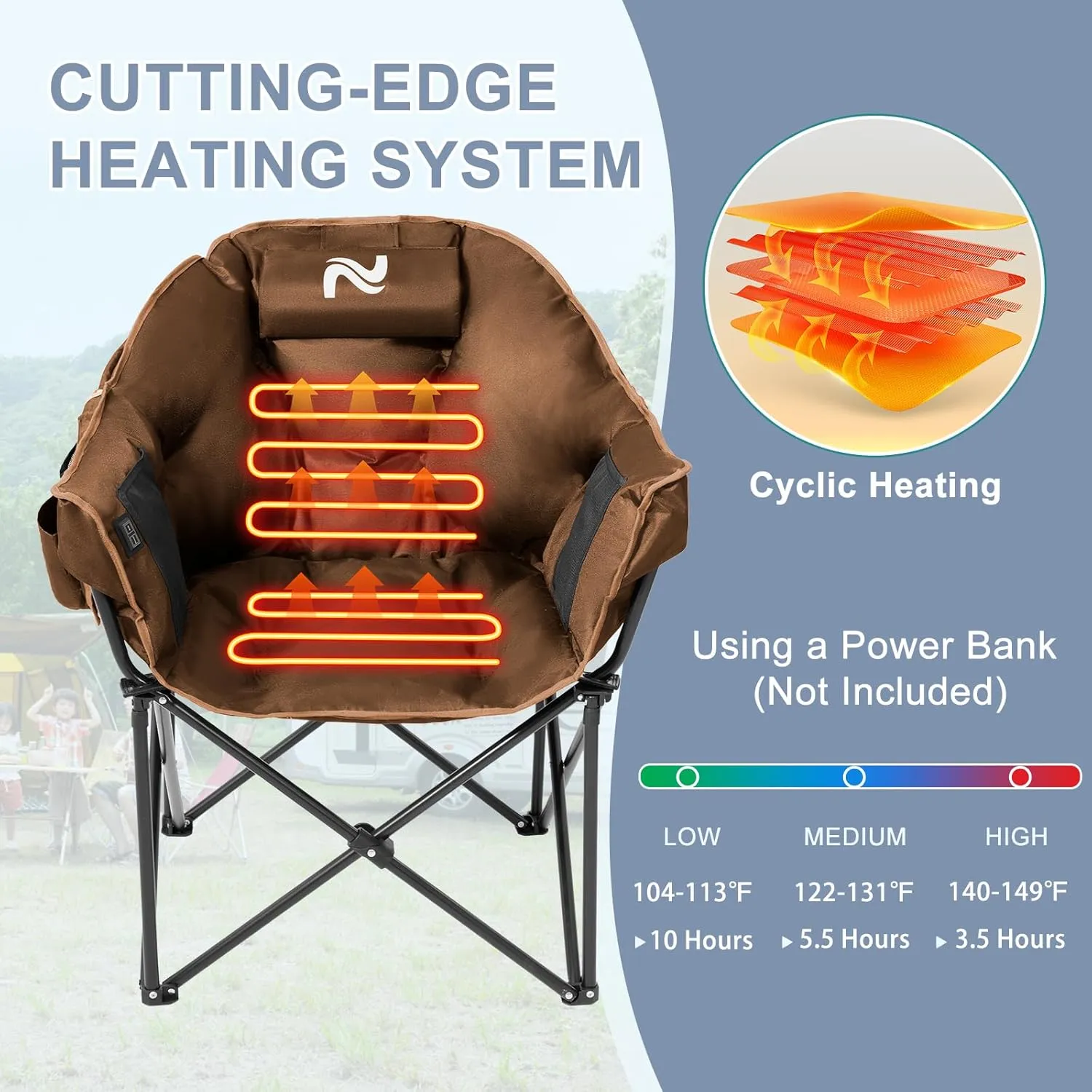 Slsy Heated Camping Chair with Headrest Pad, Oversized Heated Chair Outdoor Sports, Heated Camp Chair Seat Supports 500 lbs, Heating Folding Chair for Camping, Patio, Picnic