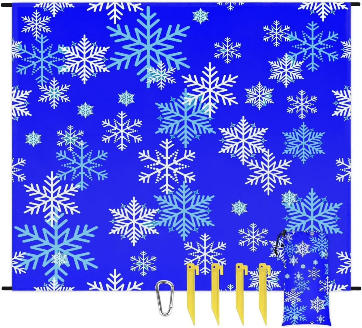 Snowflake Patterns Beach Blanket, Sandproof Beach Mat, 68 x 59 Waterproof Quick Drying Sand Free Mat with 4 x Ground Spikes for Outdoor Travel Camping Hiking, Snowflake