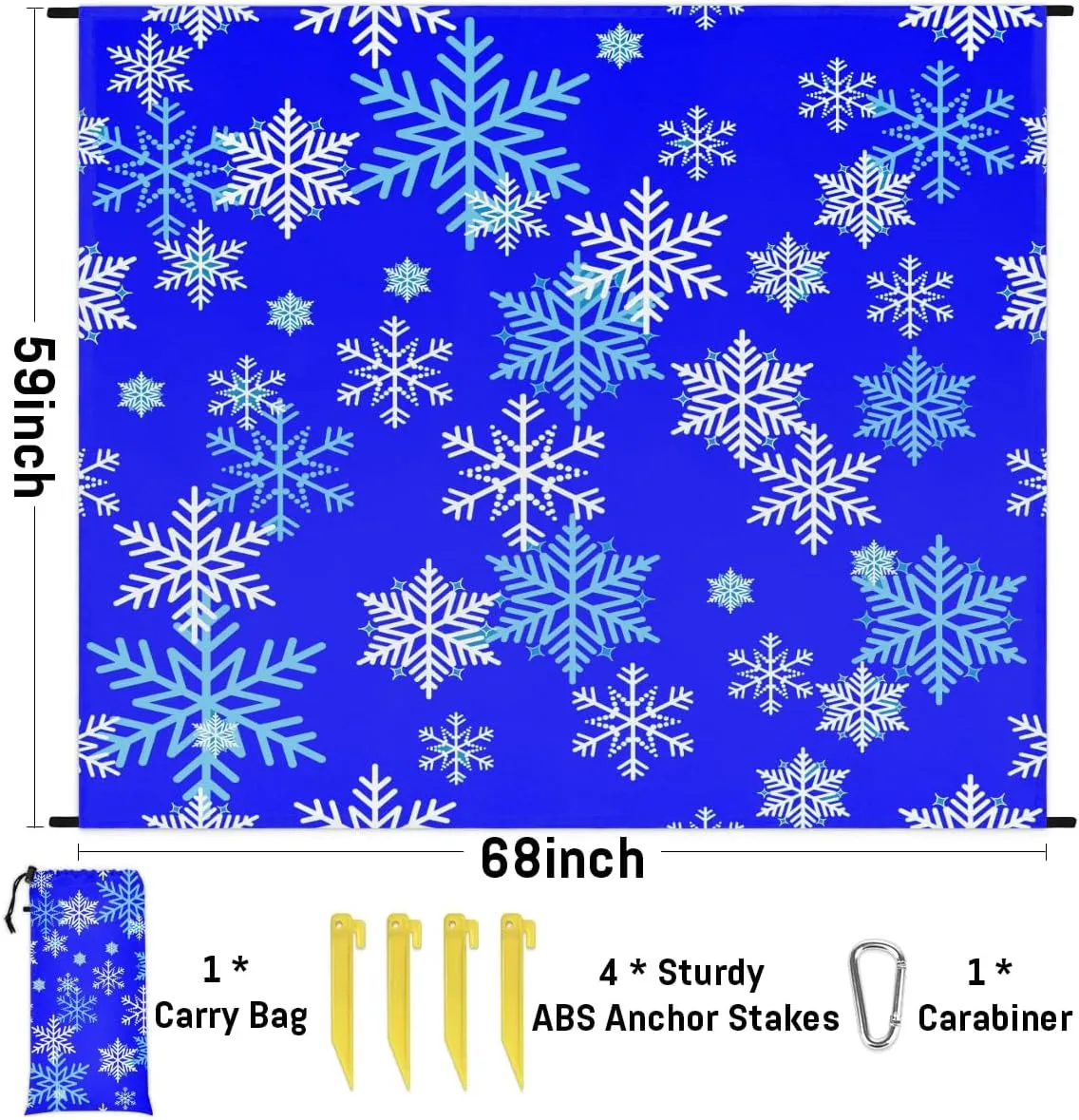 Snowflake Patterns Beach Blanket, Sandproof Beach Mat, 68 x 59 Waterproof Quick Drying Sand Free Mat with 4 x Ground Spikes for Outdoor Travel Camping Hiking, Snowflake