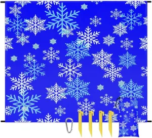 Snowflake Patterns Beach Blanket, Sandproof Beach Mat, 68 x 59 Waterproof Quick Drying Sand Free Mat with 4 x Ground Spikes for Outdoor Travel Camping Hiking, Snowflake