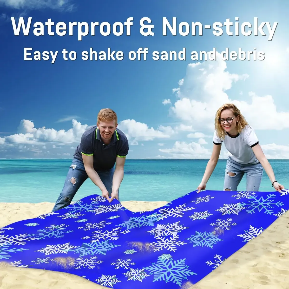 Snowflake Patterns Beach Blanket, Sandproof Beach Mat, 68 x 59 Waterproof Quick Drying Sand Free Mat with 4 x Ground Spikes for Outdoor Travel Camping Hiking, Snowflake