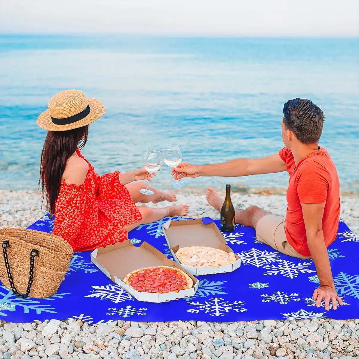 Snowflake Patterns Beach Blanket, Sandproof Beach Mat, 68 x 59 Waterproof Quick Drying Sand Free Mat with 4 x Ground Spikes for Outdoor Travel Camping Hiking, Snowflake