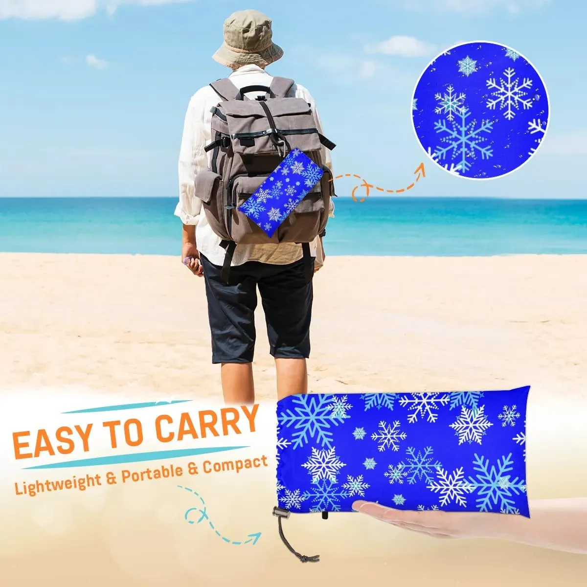 Snowflake Patterns Beach Blanket, Sandproof Beach Mat, 68 x 59 Waterproof Quick Drying Sand Free Mat with 4 x Ground Spikes for Outdoor Travel Camping Hiking, Snowflake