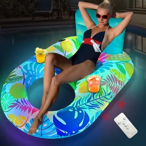 Solar Inflatable Pool Floats Adult with Colorful Lights, Yokgrass Pool Floaties Lounger Floats with Cup Holders and Remote Controller, Water Raft Floating Chair for Swimming Pool Lake Beach Party Toys