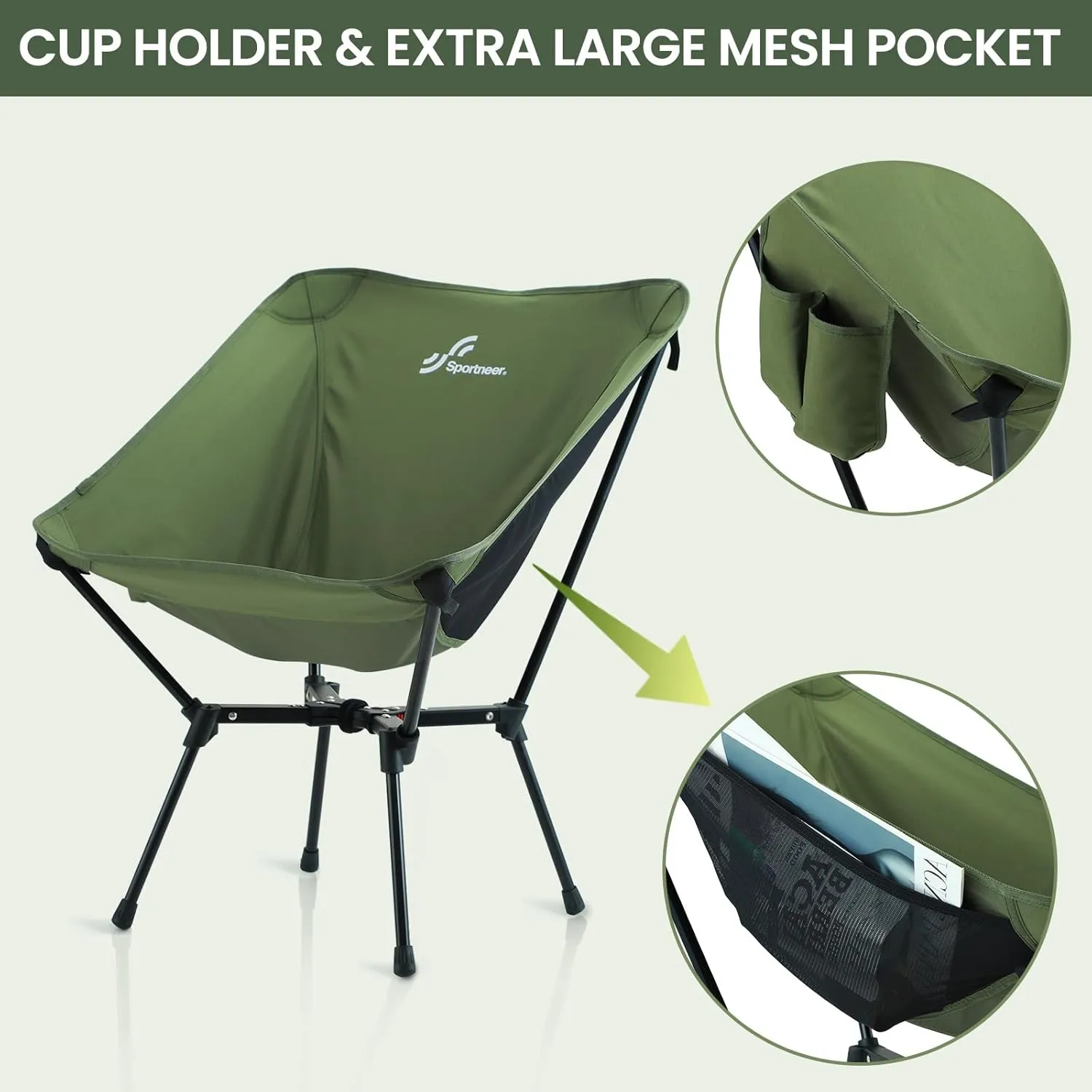 Sportneer Camping Chairs, Lightweight Outdoor Chairs with 2 Side Pockets & Storage Bag, Foldable & Portable Lawn Chairs for Camping Hiking Lawn Picnic Beach Outdoor Travel (2, Green(X Shape))