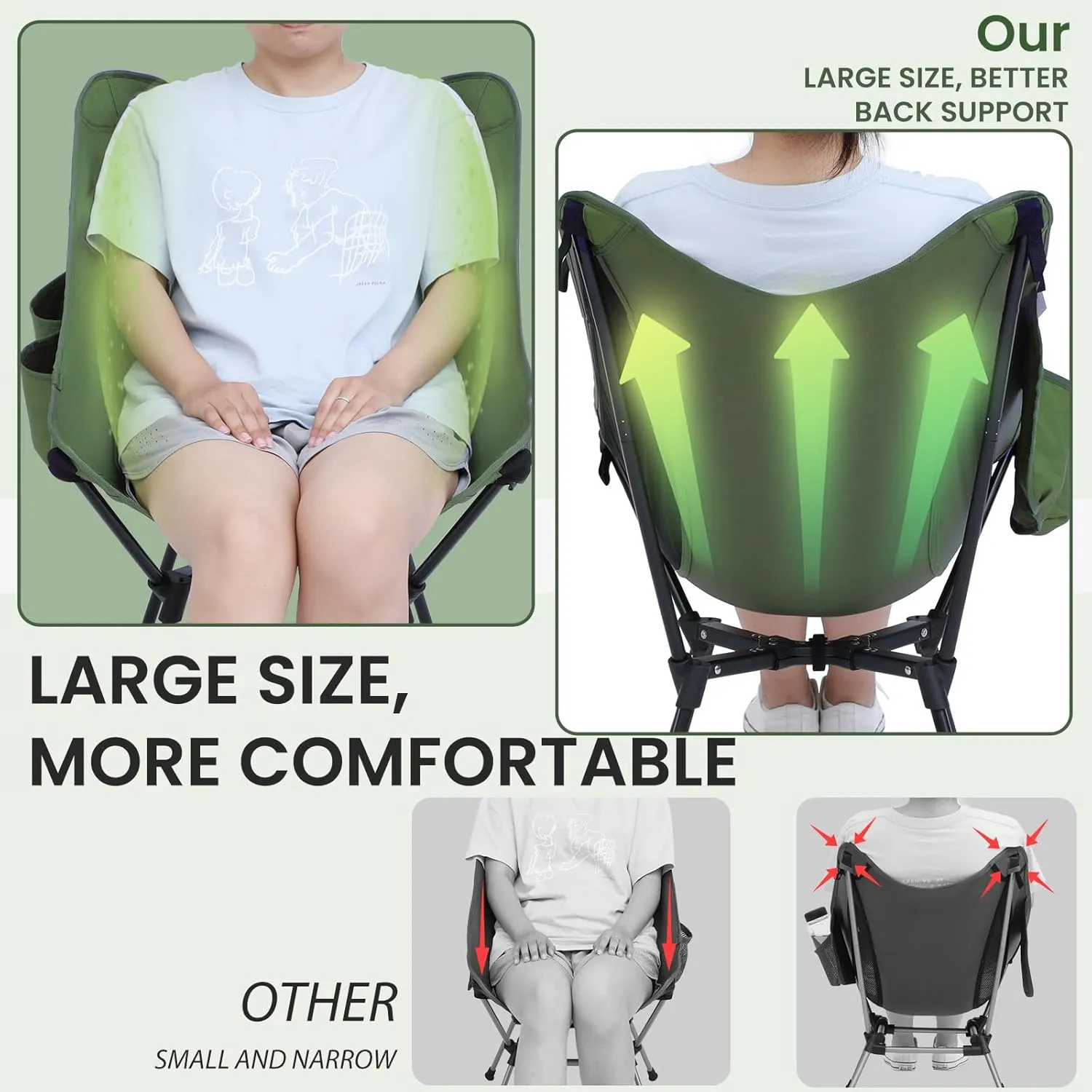 Sportneer Camping Chairs, Lightweight Outdoor Chairs with 2 Side Pockets & Storage Bag, Foldable & Portable Lawn Chairs for Camping Hiking Lawn Picnic Beach Outdoor Travel (2, Green(X Shape))