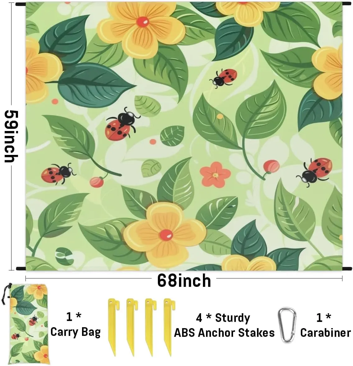 Spring Beach Blanket, Sandproof Beach Mat, Adults Waterproof Quick Drying Sand Free Mat with 4 x Ground Spikes for Outdoor Travel Camping Hiking, Ladybugs