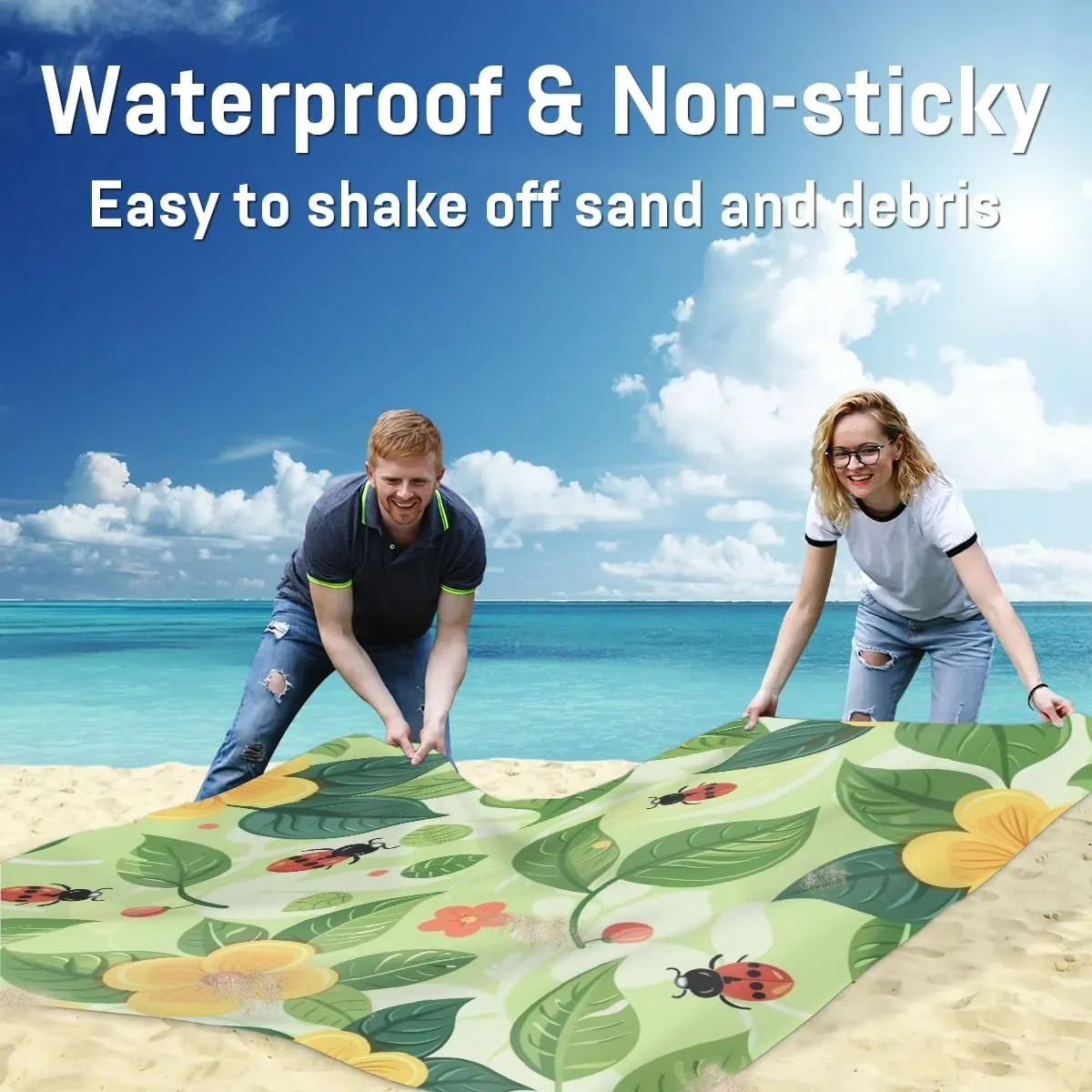Spring Beach Blanket, Sandproof Beach Mat, Adults Waterproof Quick Drying Sand Free Mat with 4 x Ground Spikes for Outdoor Travel Camping Hiking, Ladybugs