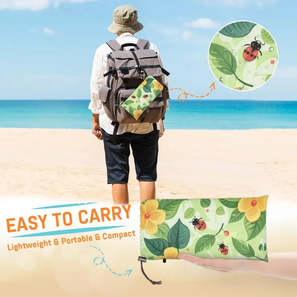 Spring Beach Blanket, Sandproof Beach Mat, Adults Waterproof Quick Drying Sand Free Mat with 4 x Ground Spikes for Outdoor Travel Camping Hiking, Ladybugs