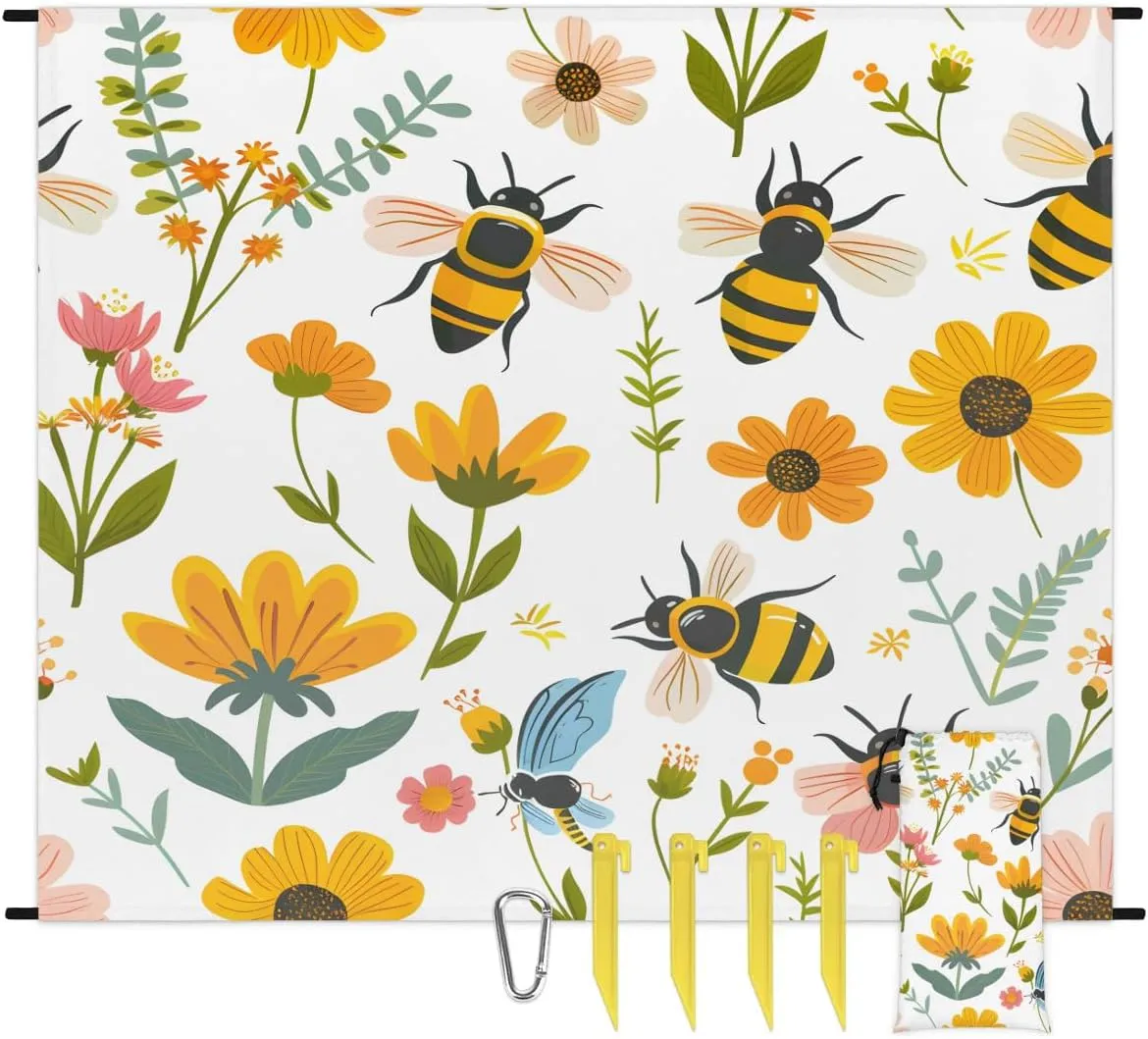 Spring Bee Beach Blanket, Sandproof Beach Mat, 68 x 59 Waterproof Quick Drying Sand Free Mat with 4 x Ground Spikes for Outdoor Travel Camping Hiking, Yellow Honeycomb