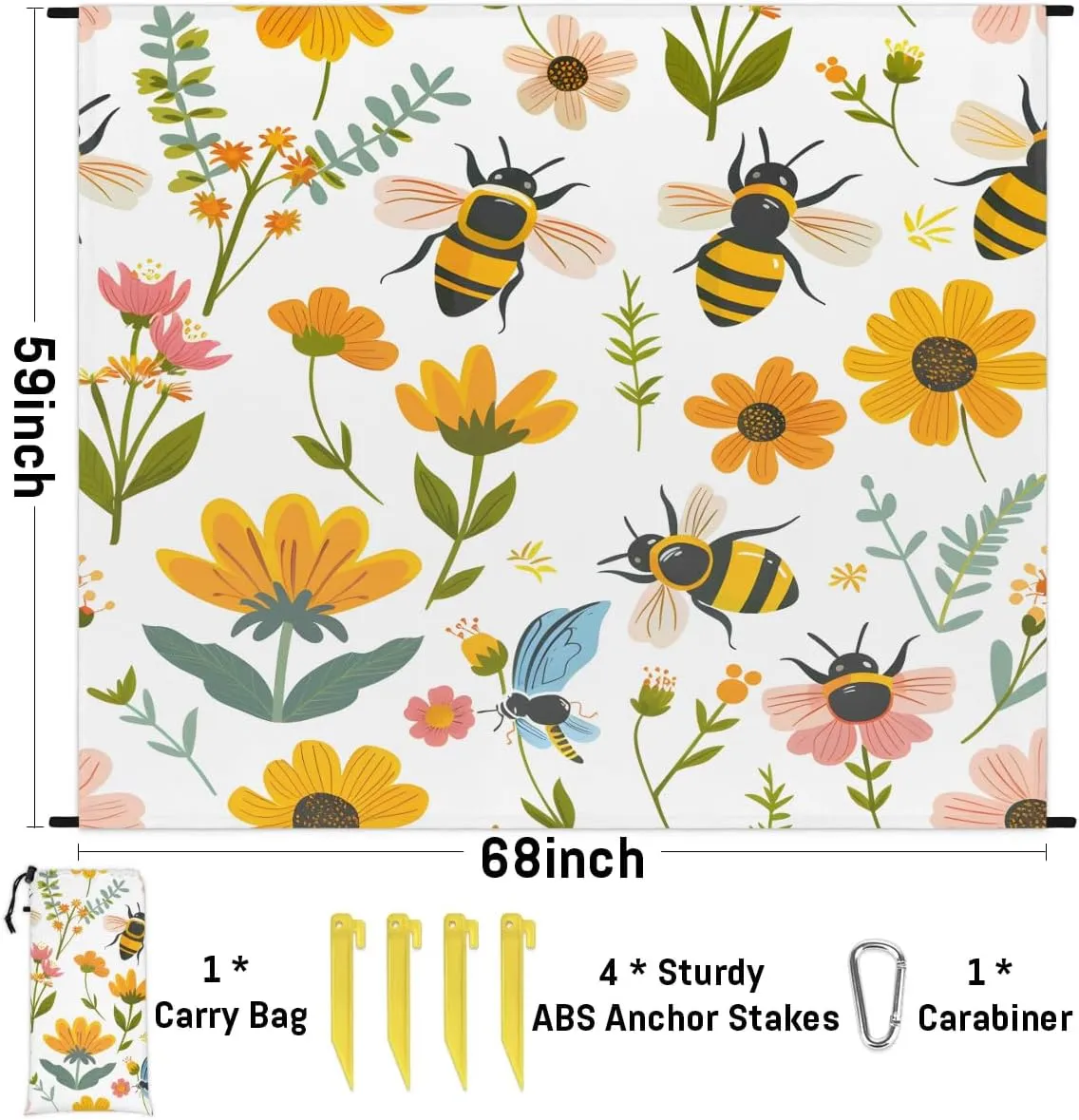 Spring Bee Beach Blanket, Sandproof Beach Mat, 68 x 59 Waterproof Quick Drying Sand Free Mat with 4 x Ground Spikes for Outdoor Travel Camping Hiking, Yellow Honeycomb