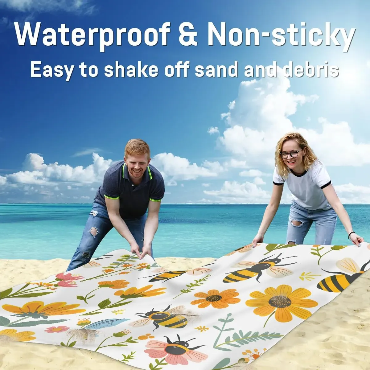 Spring Bee Beach Blanket, Sandproof Beach Mat, 68 x 59 Waterproof Quick Drying Sand Free Mat with 4 x Ground Spikes for Outdoor Travel Camping Hiking, Yellow Honeycomb