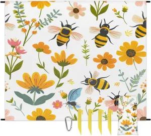 Spring Bee Beach Blanket, Sandproof Beach Mat, 68 x 59 Waterproof Quick Drying Sand Free Mat with 4 x Ground Spikes for Outdoor Travel Camping Hiking, Yellow Honeycomb