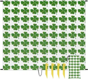 St. Patrick's Day Beach Blanket, Sandproof Beach Mat, 68 x 59 Waterproof Quick Drying Sand Free Mat with 4 x Ground Spikes for Outdoor Travel Camping Hiking, Clover Shamrocks Luck