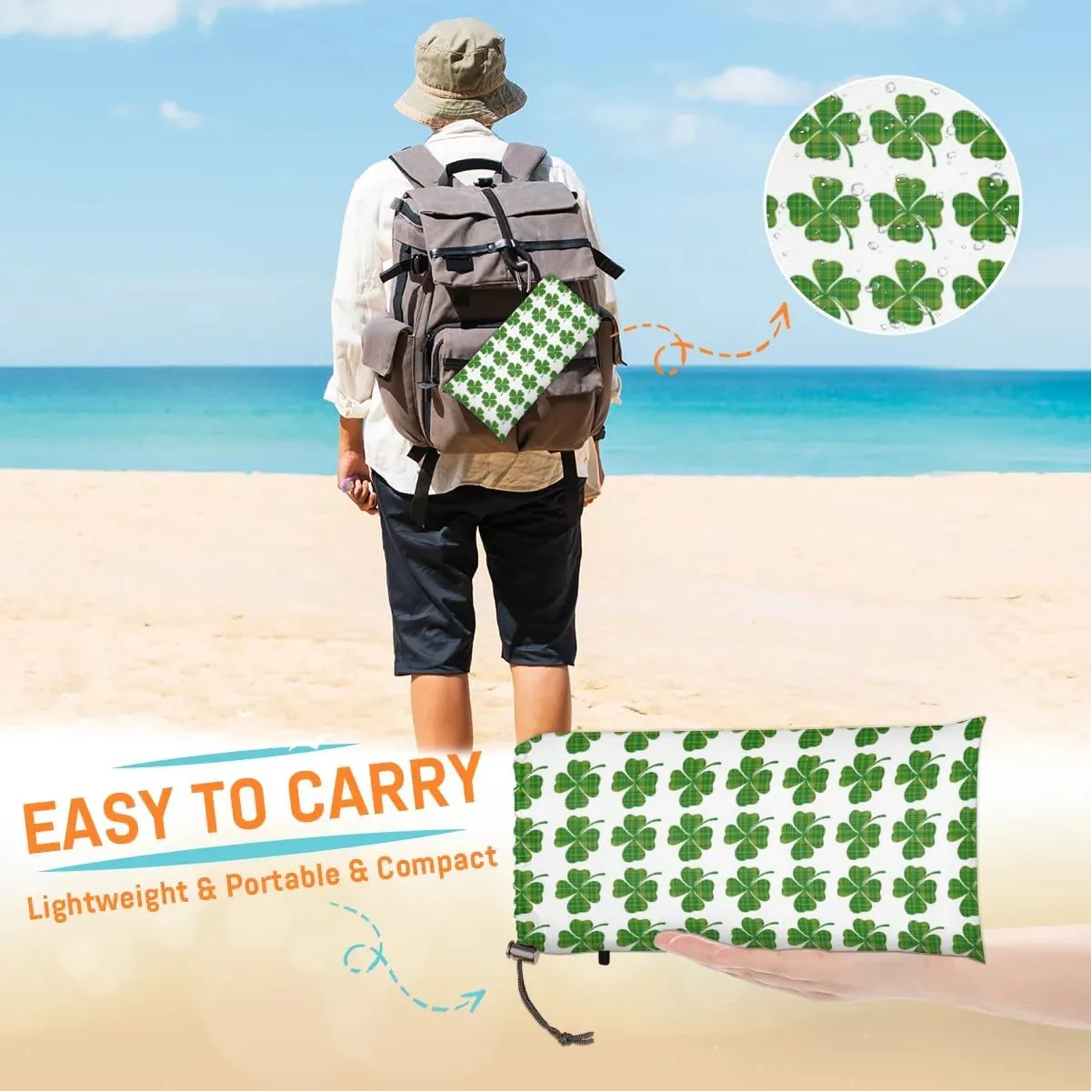 St. Patrick's Day Beach Blanket, Sandproof Beach Mat, 68 x 59 Waterproof Quick Drying Sand Free Mat with 4 x Ground Spikes for Outdoor Travel Camping Hiking, Clover Shamrocks Luck