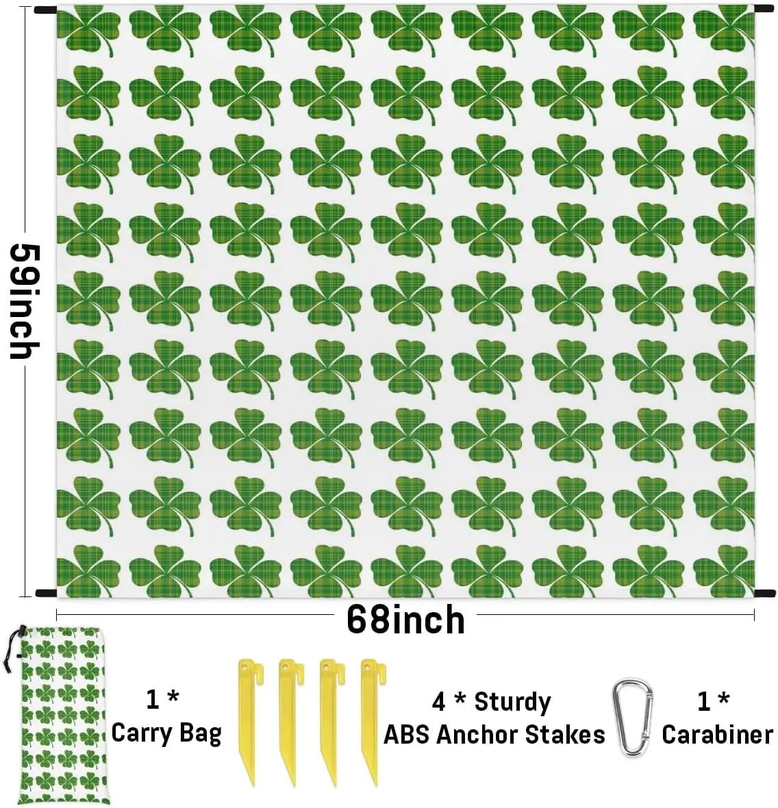 St. Patrick's Day Beach Blanket, Sandproof Beach Mat, 68 x 59 Waterproof Quick Drying Sand Free Mat with 4 x Ground Spikes for Outdoor Travel Camping Hiking, Clover Shamrocks Luck
