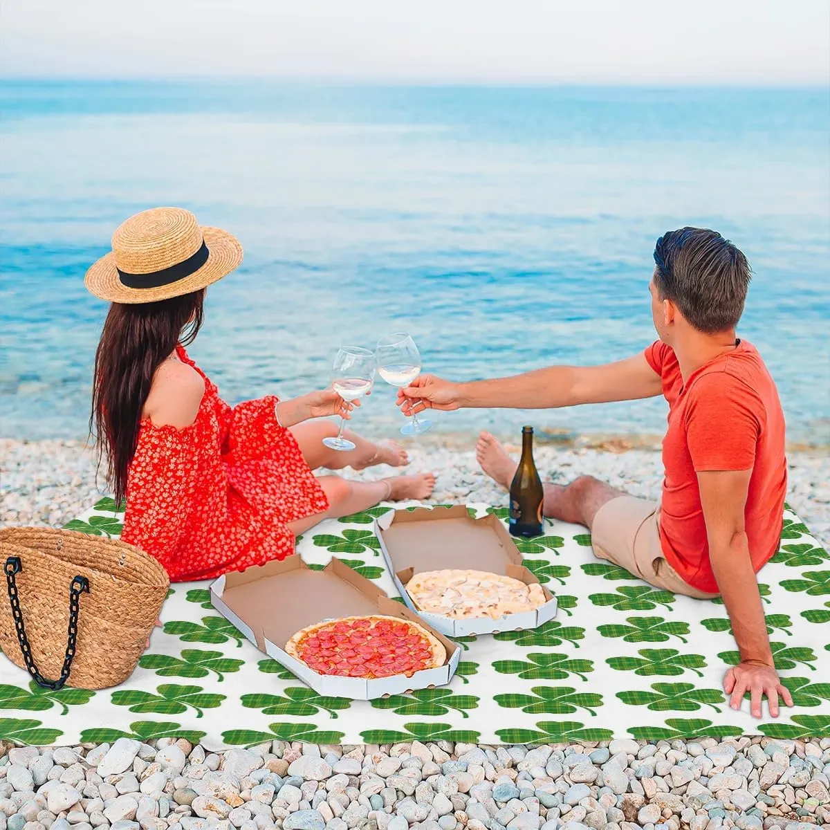 St. Patrick's Day Beach Blanket, Sandproof Beach Mat, 68 x 59 Waterproof Quick Drying Sand Free Mat with 4 x Ground Spikes for Outdoor Travel Camping Hiking, Clover Shamrocks Luck