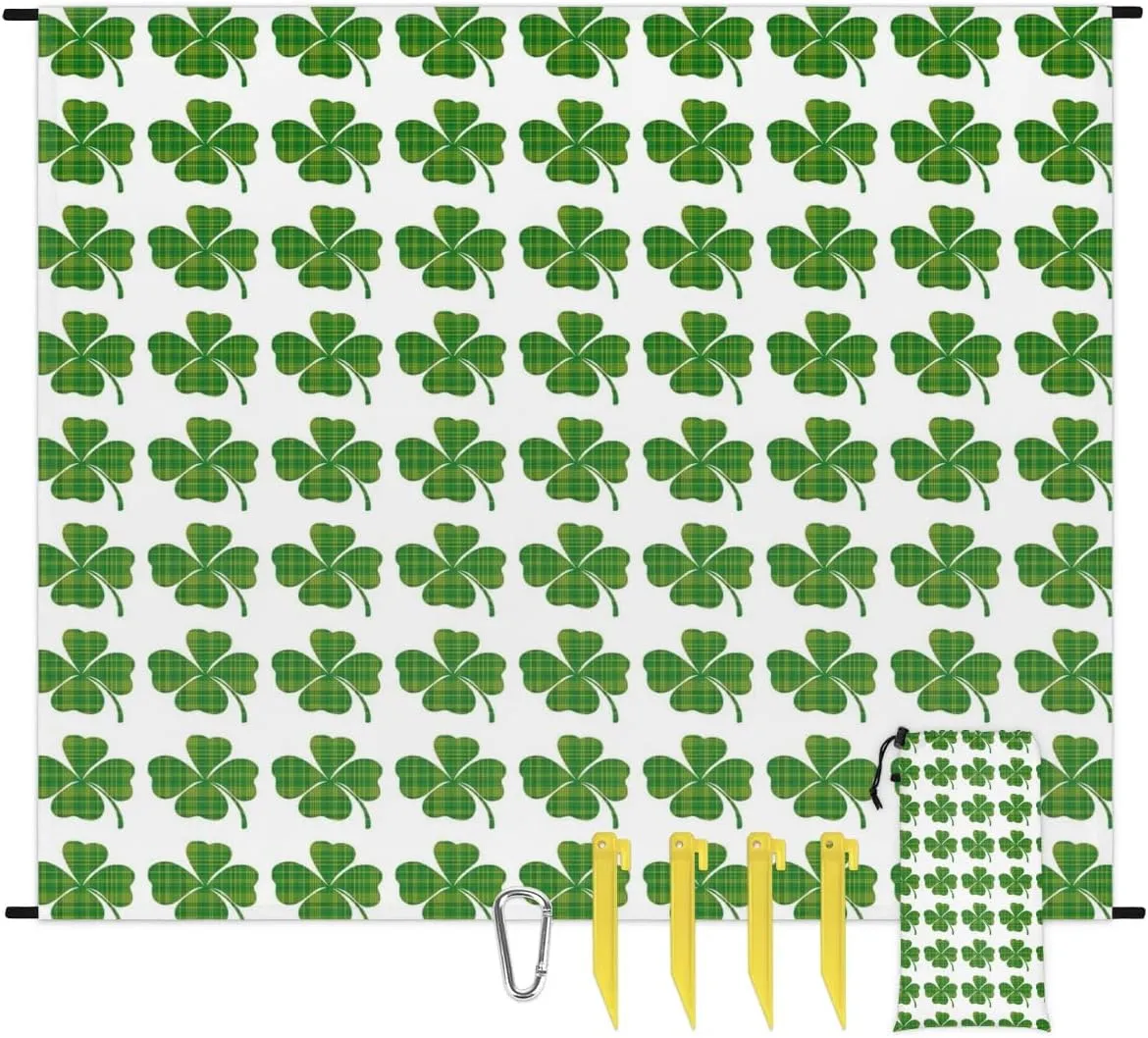 St. Patrick's Day Beach Blanket, Sandproof Beach Mat, 68 x 59 Waterproof Quick Drying Sand Free Mat with 4 x Ground Spikes for Outdoor Travel Camping Hiking, Clover Shamrocks Luck