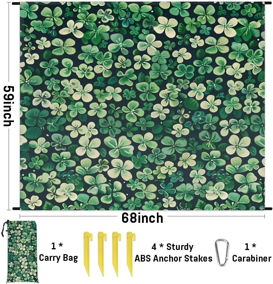 St. Patrick's Day Beach Blanket, Sandproof Beach Mat, Adults Waterproof Quick Drying Sand Free Mat with 4 x Ground Spikes for Outdoor Travel Camping Hiking, Shamrock Irish