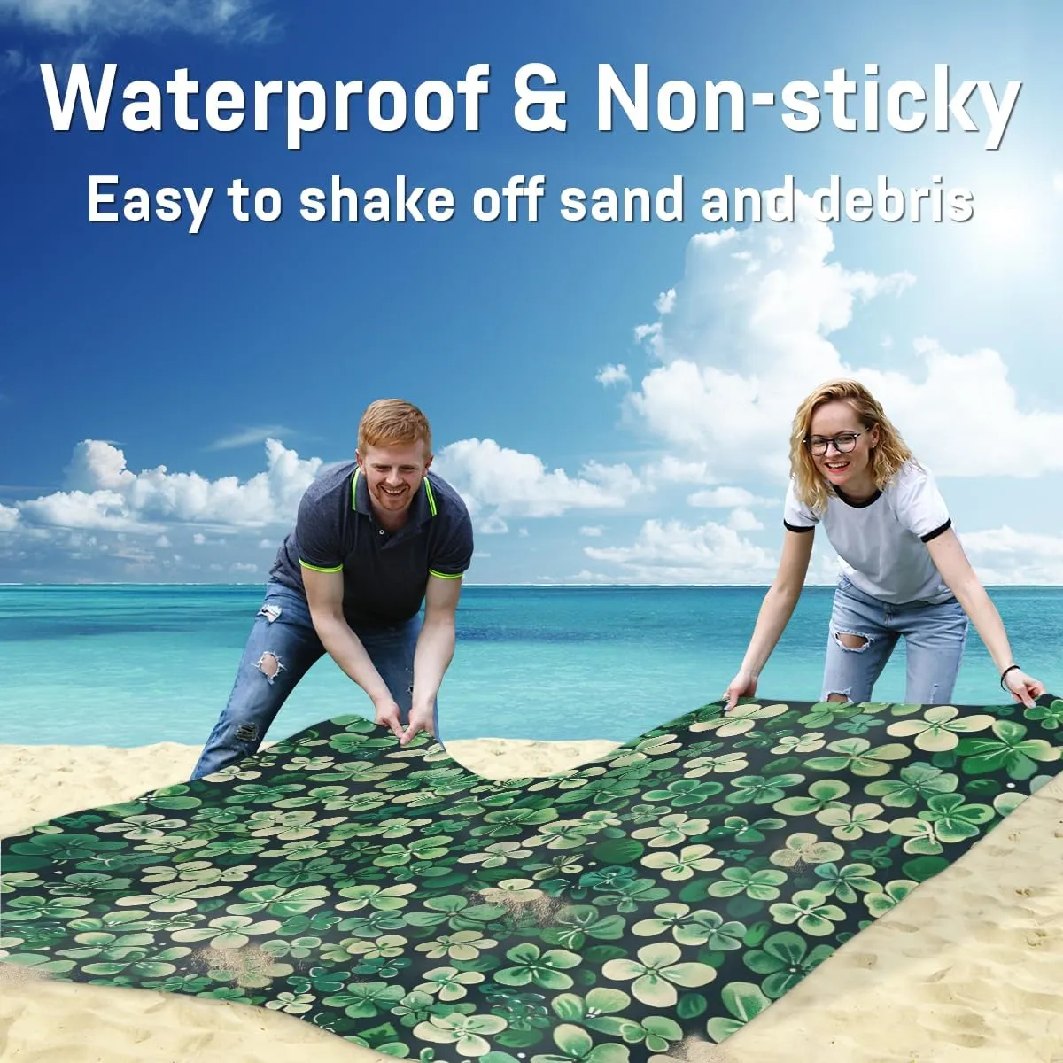 St. Patrick's Day Beach Blanket, Sandproof Beach Mat, Adults Waterproof Quick Drying Sand Free Mat with 4 x Ground Spikes for Outdoor Travel Camping Hiking, Shamrock Irish