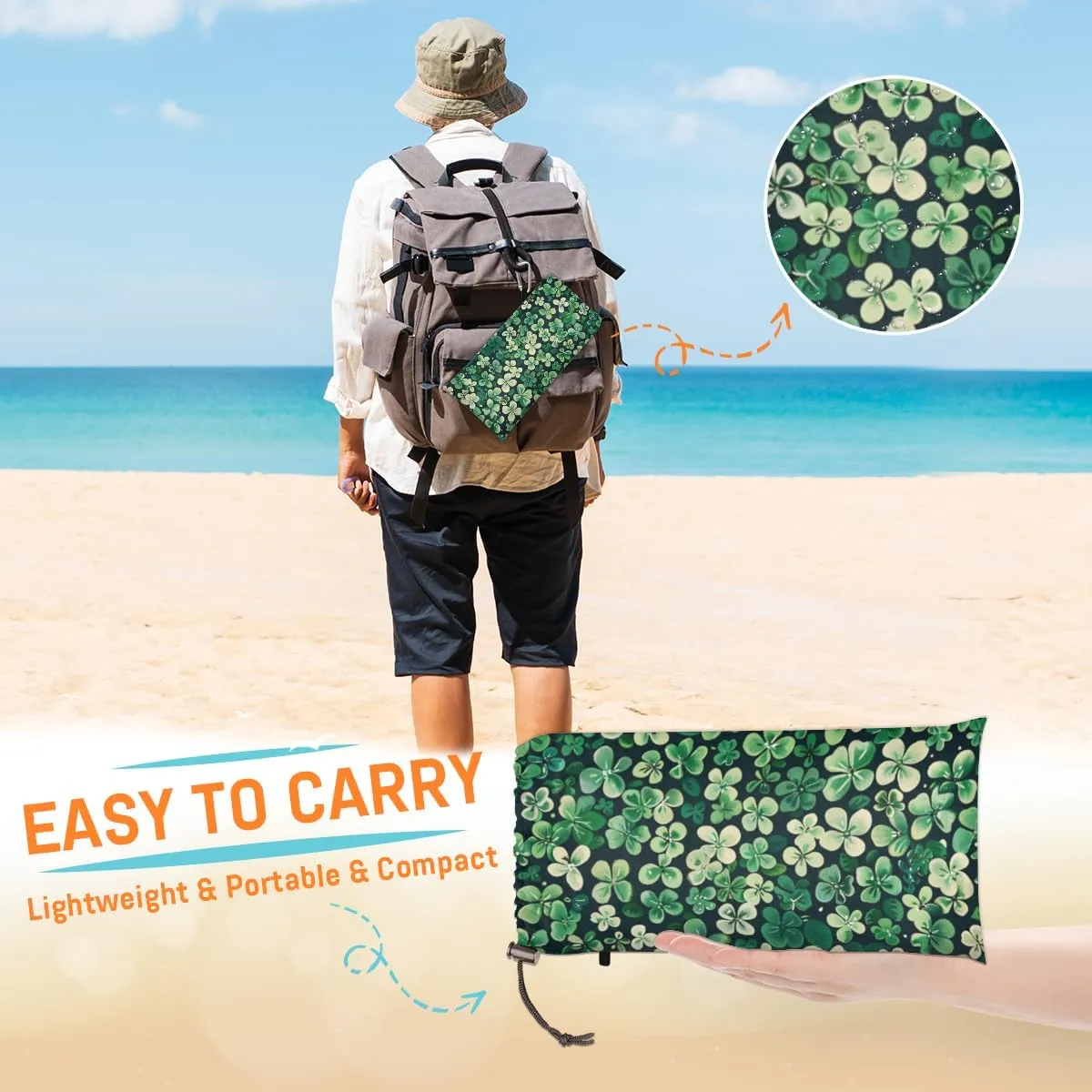 St. Patrick's Day Beach Blanket, Sandproof Beach Mat, Adults Waterproof Quick Drying Sand Free Mat with 4 x Ground Spikes for Outdoor Travel Camping Hiking, Shamrock Irish