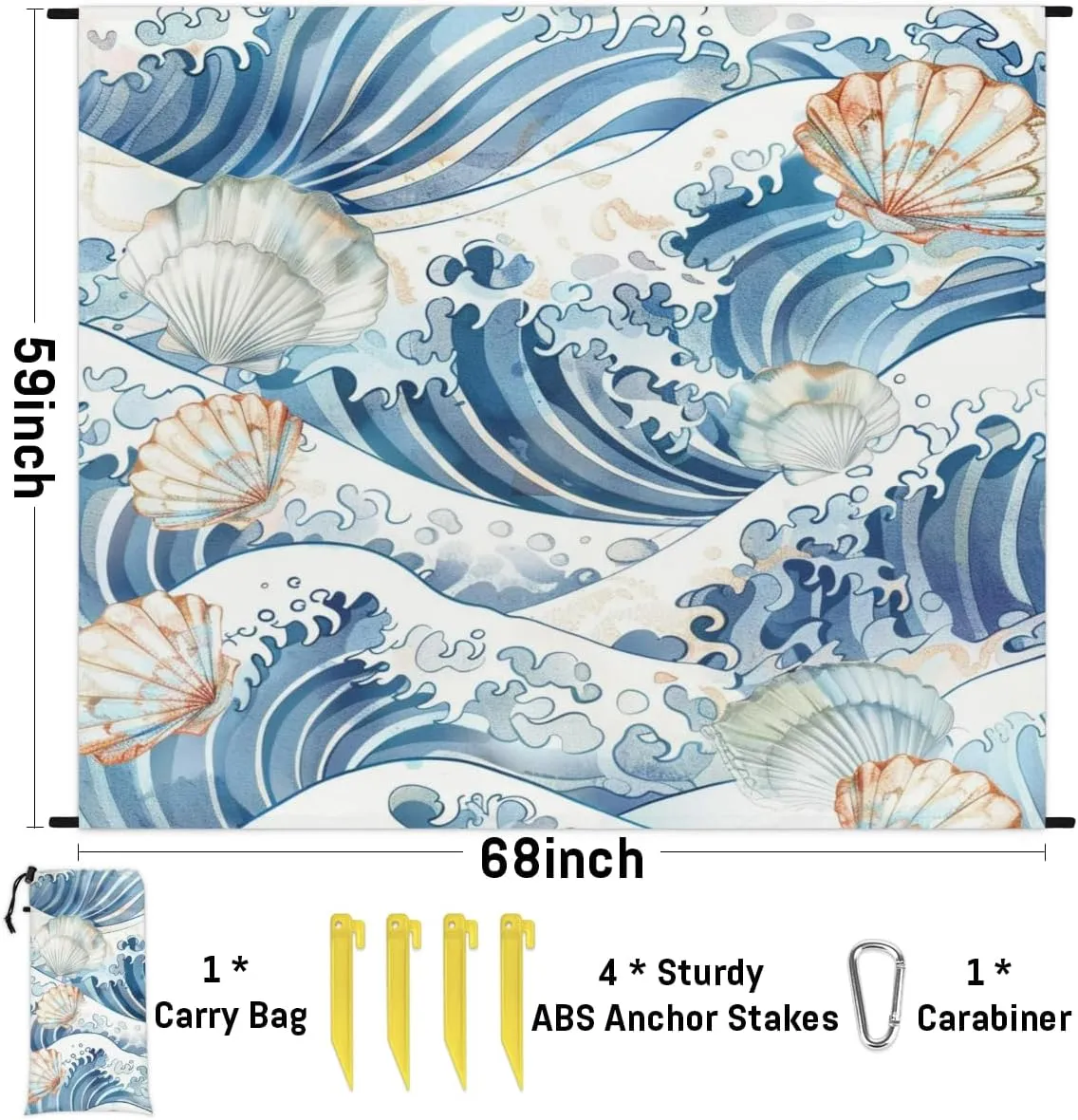 Starfish Seashell Beach Blanket, Sandproof Beach Mat, Adults Waterproof Quick Drying Sand Free Mat with 4 x Ground Spikes for Outdoor Travel Camping Hiking, Nautical Ocean Beach Coral Coastal